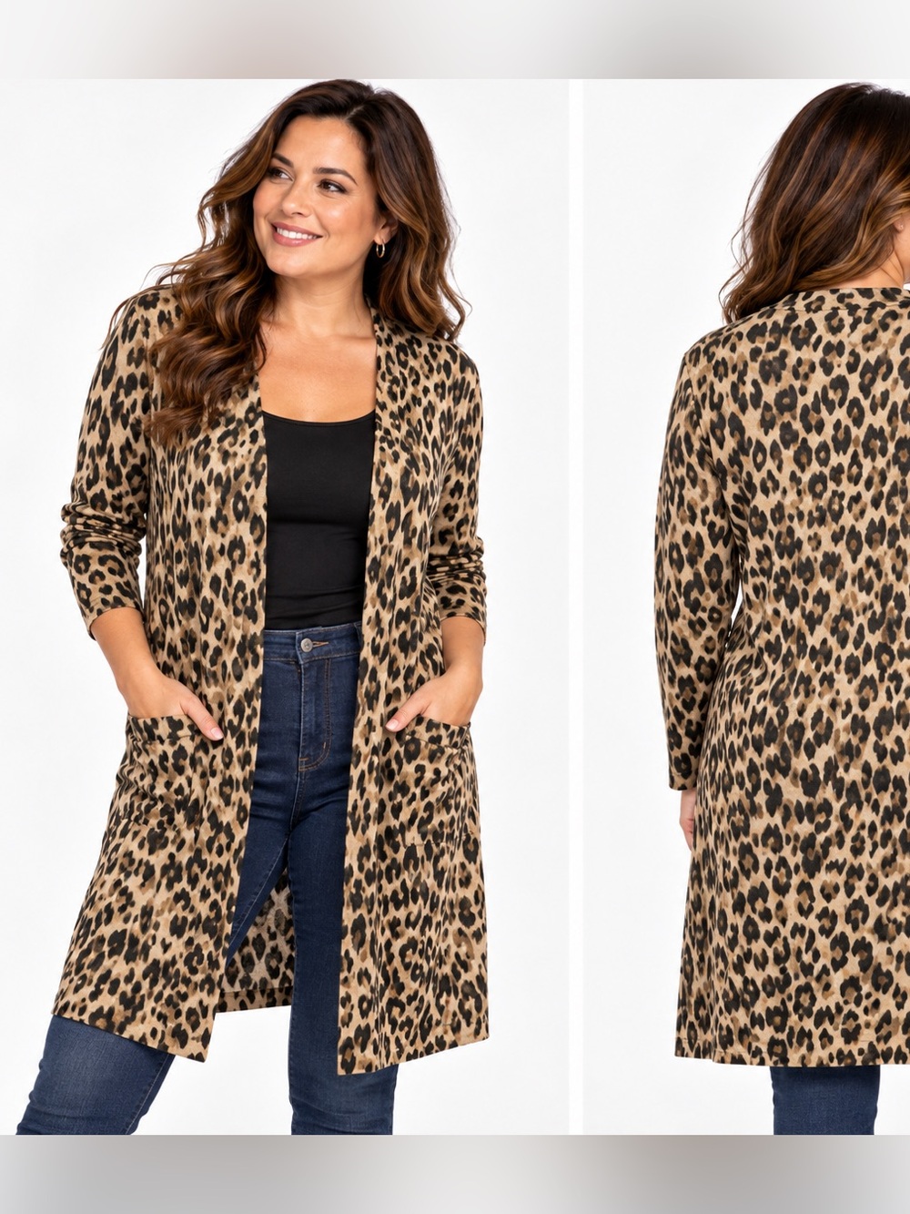 Halogen Medium Merino Wool Leopard Print Long Cardigan Duster Animal Print